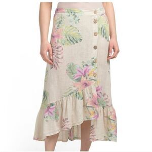 Logica Made In Italy 100% Linen Asymmetrical Tropical Print Midi Skirt Size XL